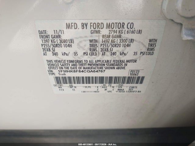 Продаж на аукціоні авто 2012 Ford Explorer Limited, vin: 1FMHK8F84CGA64767, номер лоту: 46133681