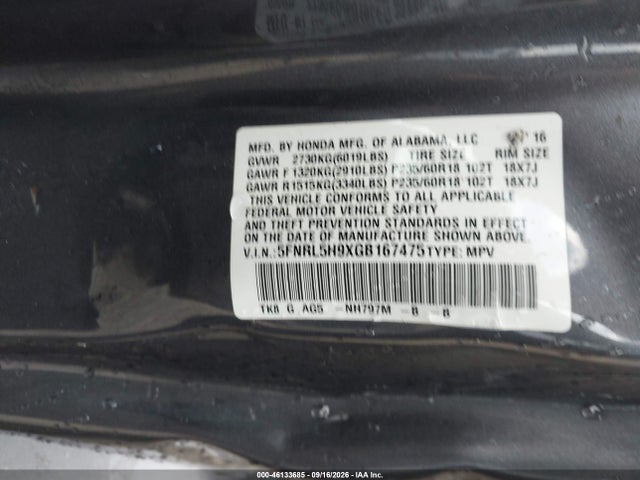 46133685 :رقم المزاد ، 5FNRL5H9XGB167475 vin ، 2016 Honda Odyssey Touring/touring Elite مزاد بيع