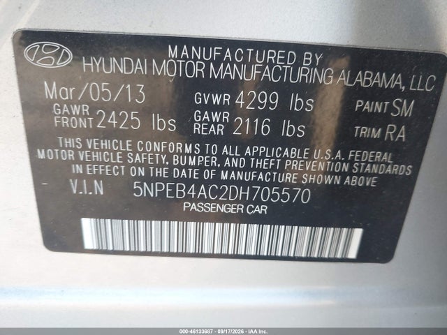 Aukcja sprzedaży 2013 Hyundai Sonata Gls, vin: 5NPEB4AC2DH705570, numer aukcji: 46133687