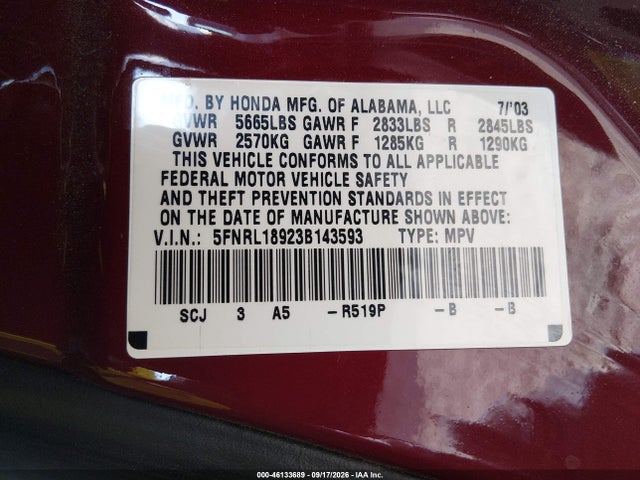 Продажа на аукционе авто 2003 Honda Odyssey Ex-l, vin: 5FNRL18923B143593, номер лота: 46133689