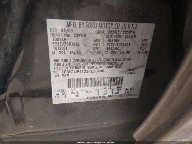 2003 Ford Escape Limited მანქანა იყიდება აუქციონზე, vin: 1FMCU94133KE20400, აუქციონის ნომერი: 46133695