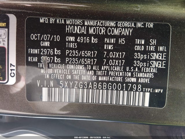 Продажа на аукционе авто 2011 Hyundai Santa Fe Gls, vin: 5XYZG3AB6BG001798, номер лота: 46133696