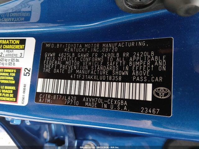 Aukcja sprzedaży 2020 Toyota Camry Xle Hybrid, vin: 4T1F31AKXLU018358, numer aukcji: 46133708