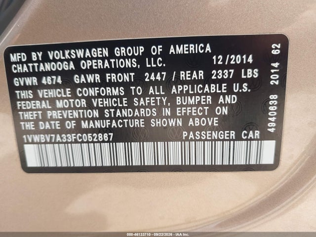 Aukcja sprzedaży 2015 Volkswagen Passat 2.0l Tdi Se, vin: 1VWBV7A33FC052867, numer aukcji: 46133710