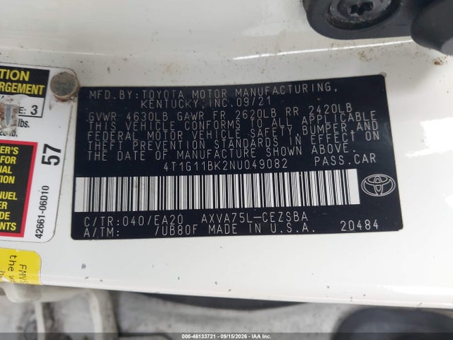 2022 Toyota Camry Se Awd მანქანა იყიდება აუქციონზე, vin: 4T1G11BK2NU049082, აუქციონის ნომერი: 46133721