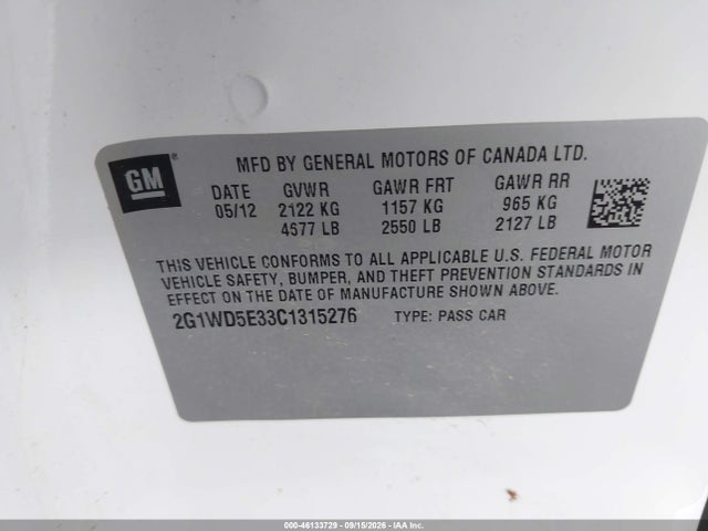 46133729 :رقم المزاد ، 2G1WD5E33C1315276 vin ، 2012 Chevrolet Impala Police مزاد بيع