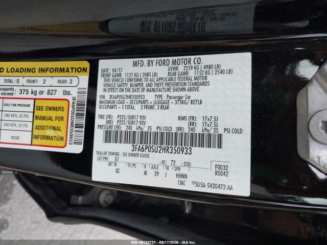 Aukcja sprzedaży 2017 Ford Fusion Energi Platinum, vin: 3FA6P0SU2HR350933, numer aukcji: 46133731