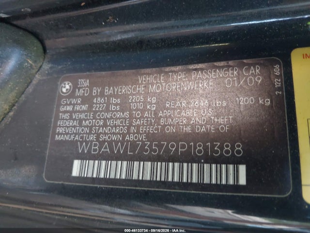 46133734 :رقم المزاد ، WBAWL73579P181388 vin ، 2009 Bmw 335i مزاد بيع