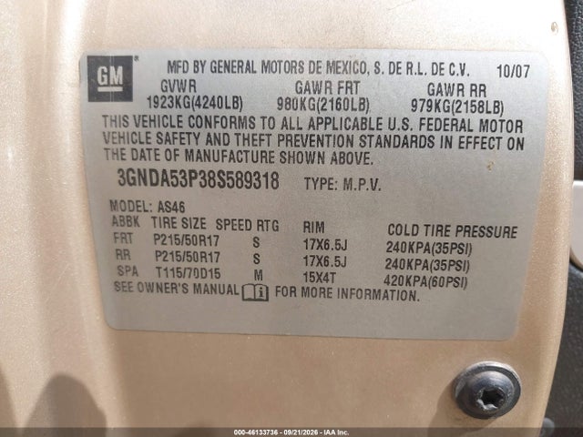 46133736 :رقم المزاد ، 3GNDA53P38S589318 vin ، 2008 Chevrolet Hhr Lt مزاد بيع