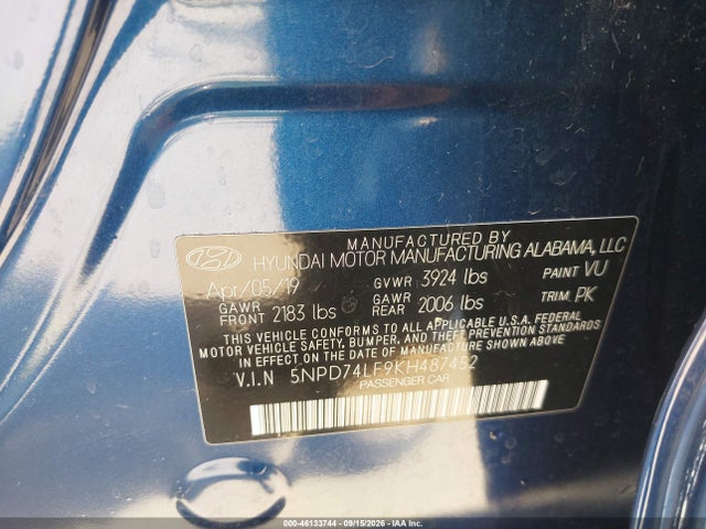 Aukcja sprzedaży 2019 Hyundai Elantra Se, vin: 5NPD74LF9KH487452, numer aukcji: 46133744