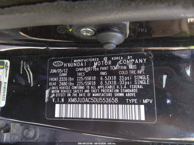 2013 Hyundai Tucson Limited მანქანა იყიდება აუქციონზე, vin: KM8JU3AC5DU553658, აუქციონის ნომერი: 46133749