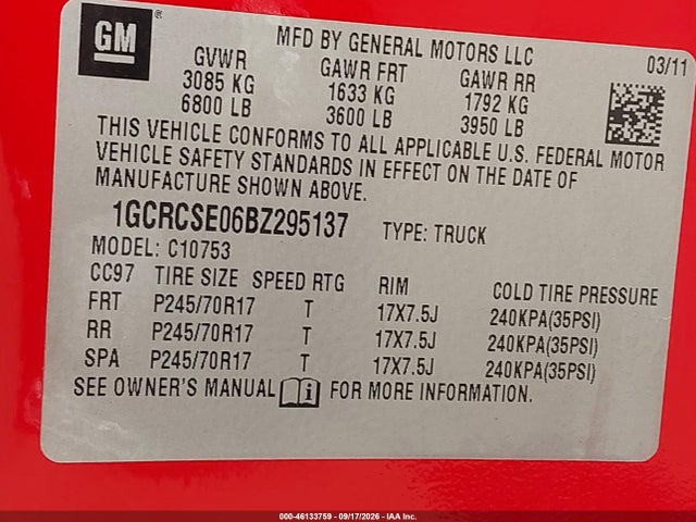2011 Chevrolet Silverado 1500 Lt მანქანა იყიდება აუქციონზე, vin: 1GCRCSE06BZ295137, აუქციონის ნომერი: 46133759