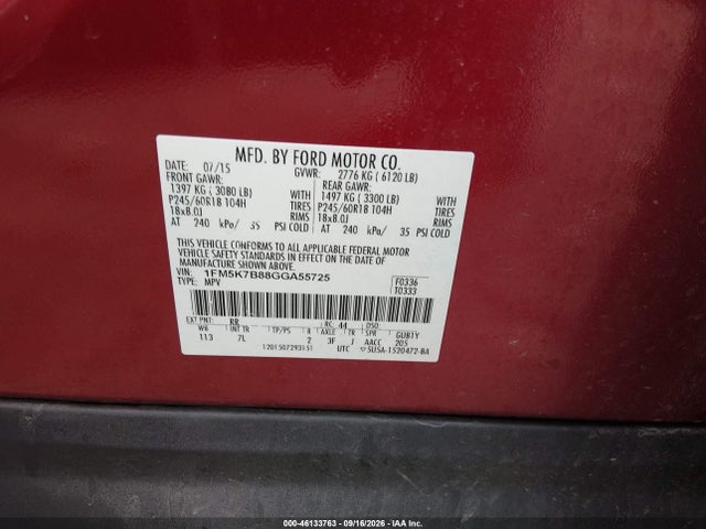 46133763 :رقم المزاد ، 1FM5K7B88GGA55725 vin ، 2016 Ford Explorer مزاد بيع