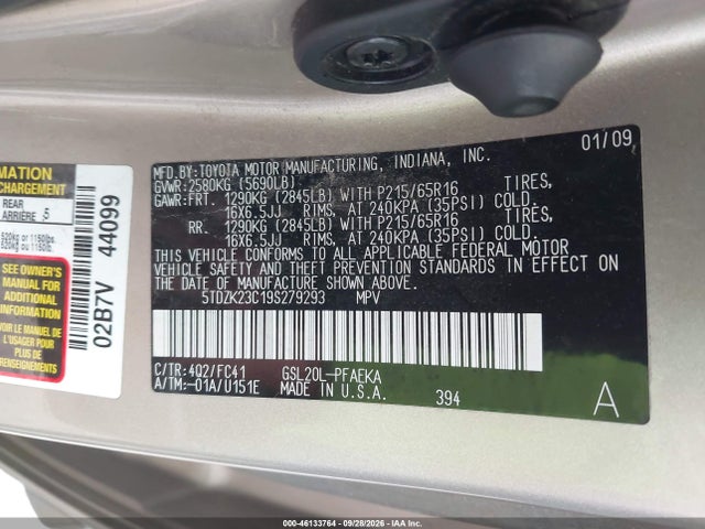 46133764 :رقم المزاد ، 5TDZK23C19S279293 vin ، 2009 Toyota Sienna Le مزاد بيع