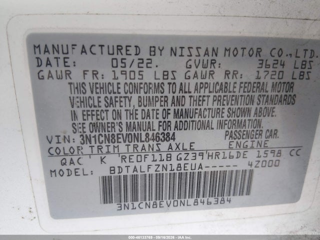 46133769 :رقم المزاد ، 3N1CN8EV0NL846384 vin ، 2022 Nissan Versa 1.6 Sv Xtronic Cvt مزاد بيع