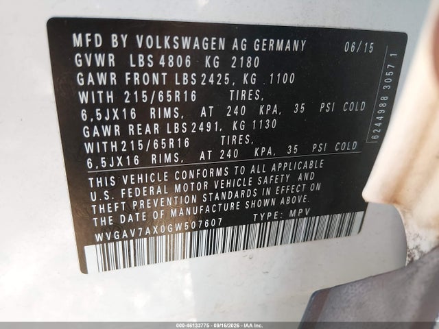 Aukcja sprzedaży 2016 Volkswagen Tiguan S, vin: WVGAV7AX0GW507607, numer aukcji: 46133775