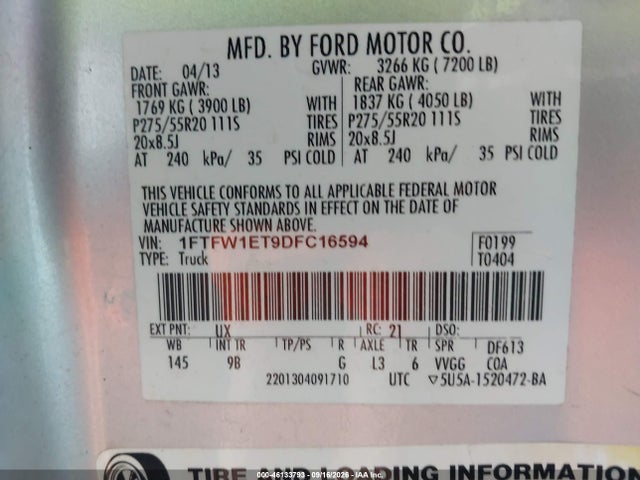 46133793 :رقم المزاد ، 1FTFW1ET9DFC16594 vin ، 2013 Ford F-150 Platinum مزاد بيع