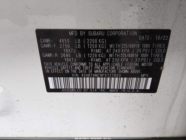 46133814 :رقم المزاد ، 4S4BTANC9P3127603 vin ، 2023 Subaru Outback Limited مزاد بيع