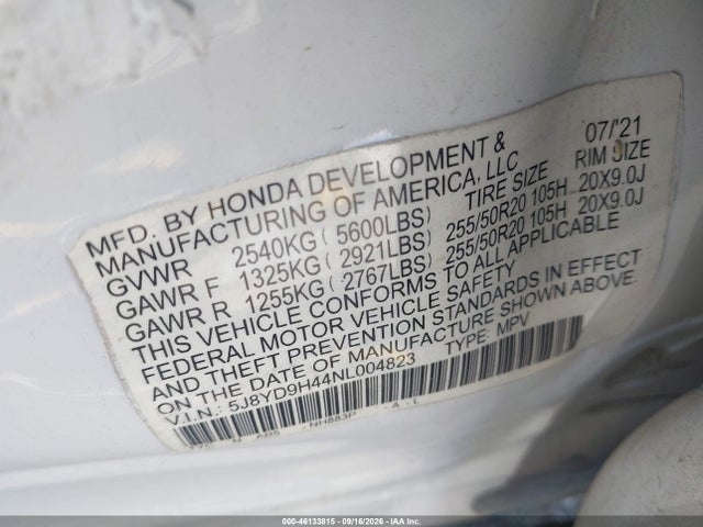 46133815 :رقم المزاد ، 5J8YD9H44NL004823 vin ، 2022 Acura Mdx Technology Package مزاد بيع