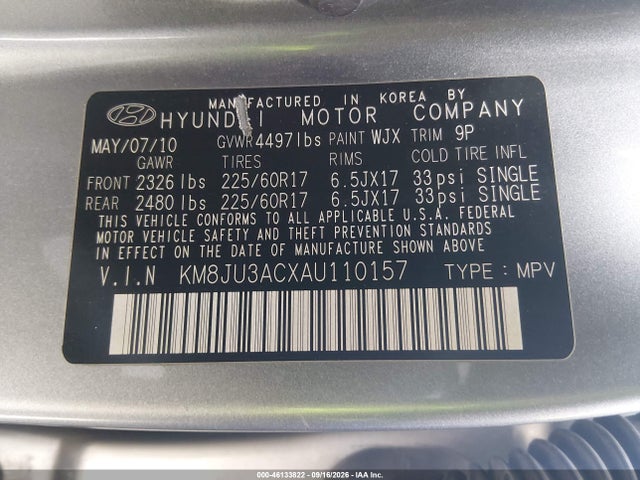 Продаж на аукціоні авто 2010 Hyundai Tucson Gls, vin: KM8JU3ACXAU110157, номер лоту: 46133822