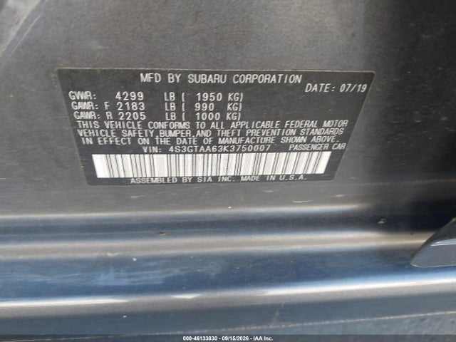 Aukcja sprzedaży 2019 Subaru Impreza 2.0i, vin: 4S3GTAA63K3750007, numer aukcji: 46133830