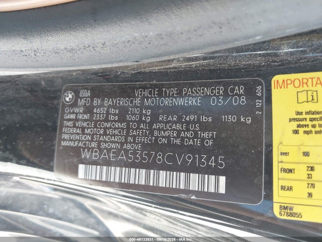 46133831 :رقم المزاد ، WBAEA53578CV91345 vin ، 2008 Bmw 650i مزاد بيع