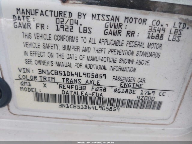 46133842 :رقم المزاد ، 3N1CB51D64L905859 vin ، 2004 Nissan Sentra 1.8s مزاد بيع