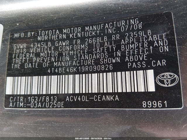 46133858 :رقم المزاد ، 4T4BE46K19R090826 vin ، 2009 Toyota Camry Le مزاد بيع
