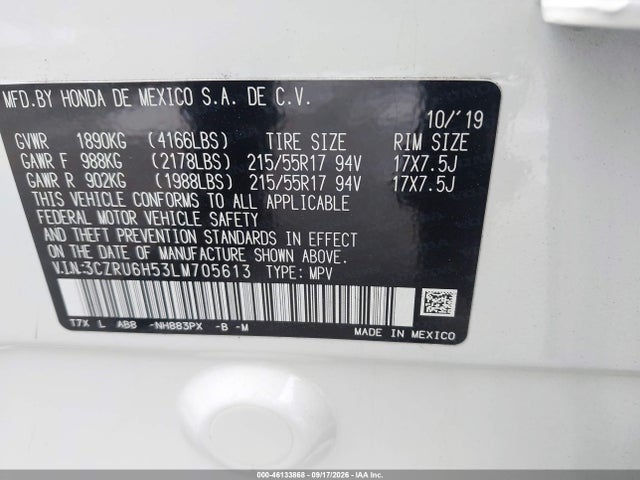 Aukcja sprzedaży 2020 Honda Hr-v Awd Ex, vin: 3CZRU6H53LM705613, numer aukcji: 46133868