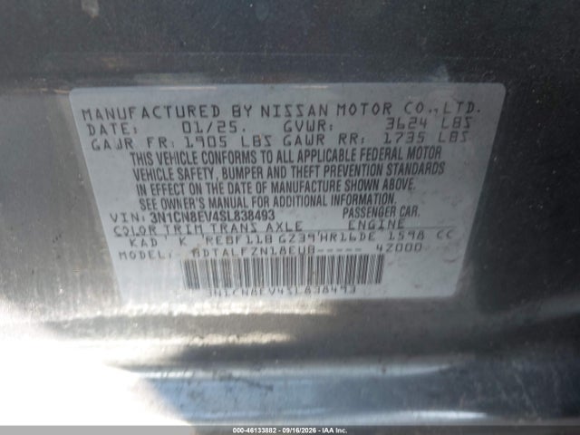 Продаж на аукціоні авто 2025 Nissan Versa 1.6 Sv, vin: 3N1CN8EV4SL838493, номер лоту: 46133882