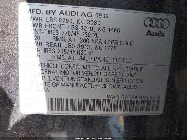 46133888 :رقم المزاد ، WA1LGAFE9DD005479 vin ، 2013 Audi Q7 3.0t Premium مزاد بيع