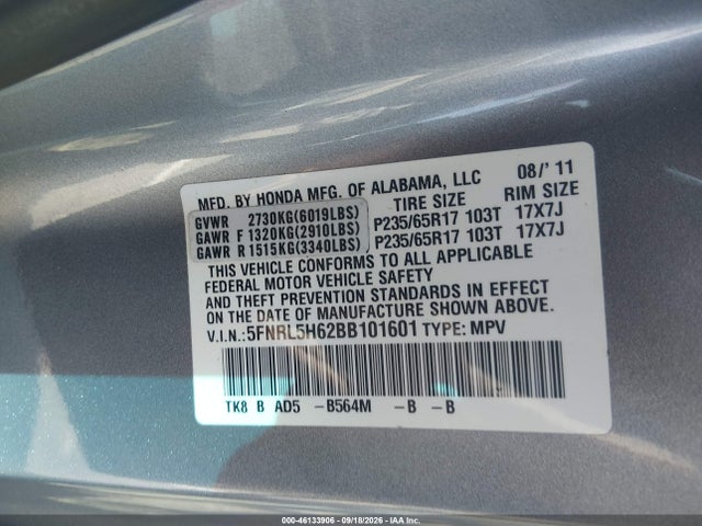 Aukcja sprzedaży 2011 Honda Odyssey Ex-l, vin: 5FNRL5H62BB101601, numer aukcji: 46133906