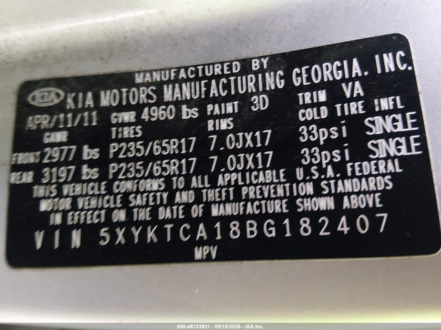 Auction sale of the 2011 Kia Sorento Lx, vin: 5XYKTCA18BG182407, lot number: 46133931