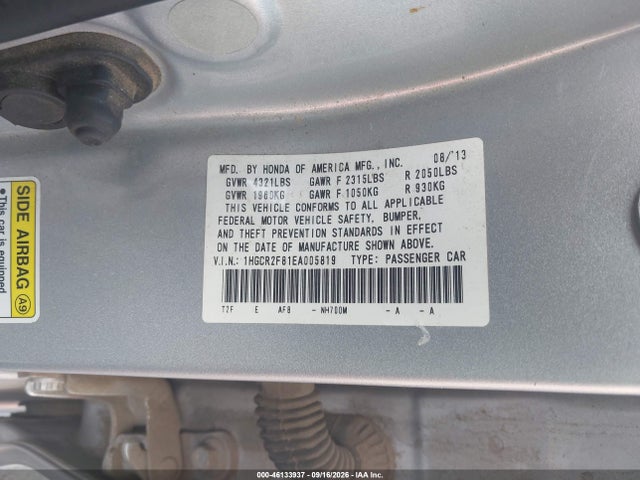 Aukcja sprzedaży 2014 Honda Accord Ex-l, vin: 1HGCR2F81EA005819, numer aukcji: 46133937