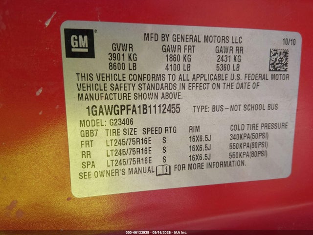 46133939 :رقم المزاد ، 1GAWGPFA1B1112455 vin ، 2011 Chevrolet Express 2500 Ls مزاد بيع