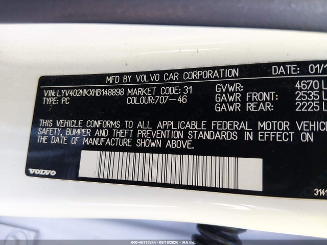 46133944 :رقم المزاد ، LYV402HKXHB148898 vin ، 2017 Volvo S60 Inscription T5 مزاد بيع