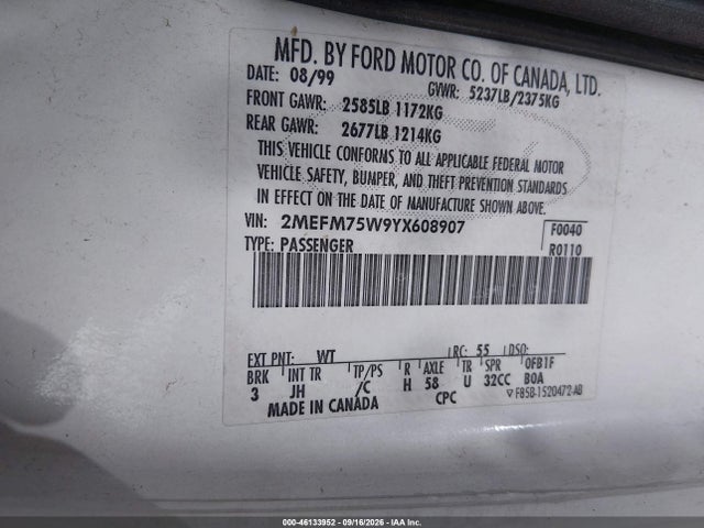 2000 Mercury Grand Marquis Ls მანქანა იყიდება აუქციონზე, vin: 2MEFM75W9YX608907, აუქციონის ნომერი: 46133952