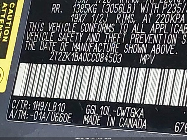 46133958 :رقم المزاد ، 2T2ZK1BA0CC084503 vin ، 2012 Lexus Rx 350 مزاد بيع