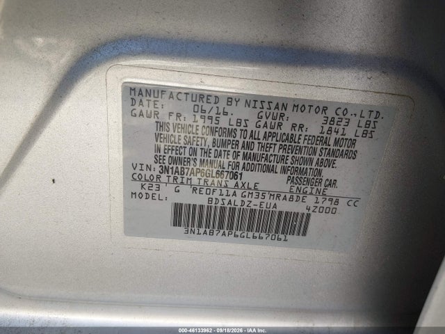 2016 Nissan Sentra Fe+ S/s/sl/sr/sv მანქანა იყიდება აუქციონზე, vin: 3N1AB7AP6GL667061, აუქციონის ნომერი: 46133962