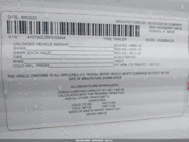 46133988 :رقم المزاد ، 4YDTSGL25P3103434 vin ، 2023 Keystone Springdale مزاد بيع