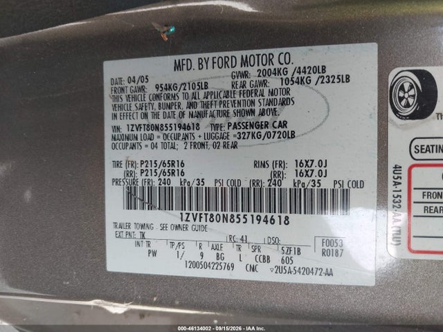 Aukcja sprzedaży 2005 Ford Mustang V6 Deluxe/v6 Premium, vin: 1ZVFT80N855194618, numer aukcji: 46134002
