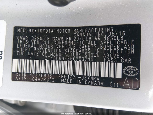 Продажа на аукционе авто 2016 Toyota Corolla Le, vin: 2T1BURHE5GC703210, номер лота: 46134003