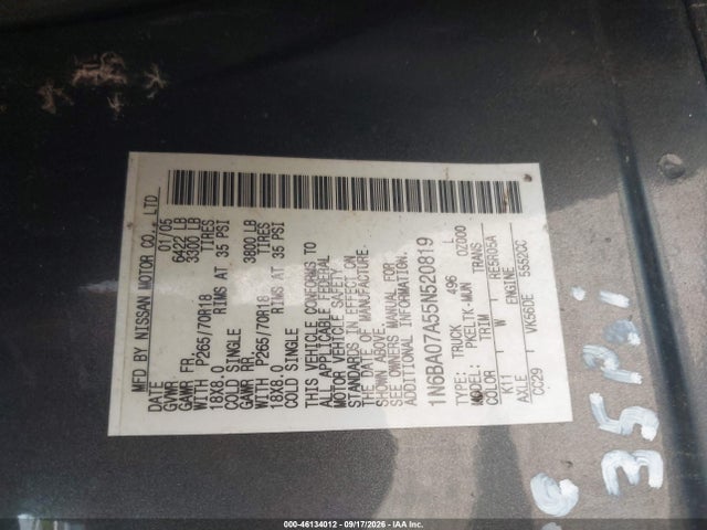 46134012 :رقم المزاد ، 1N6BA07A55N520819 vin ، 2005 Nissan Titan Se مزاد بيع