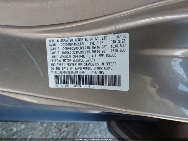 2006 Honda Cr-v Ex მანქანა იყიდება აუქციონზე, vin: JHLRD78886C011076, აუქციონის ნომერი: 46134021