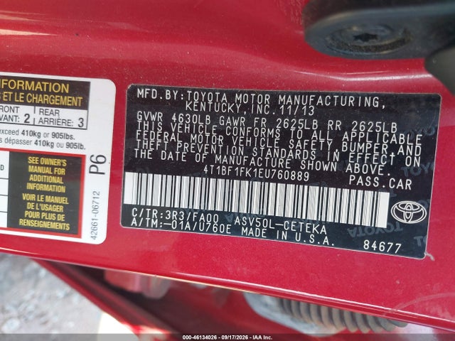 46134026 :رقم المزاد ، 4T1BF1FK1EU760889 vin ، 2014 Toyota Camry L مزاد بيع