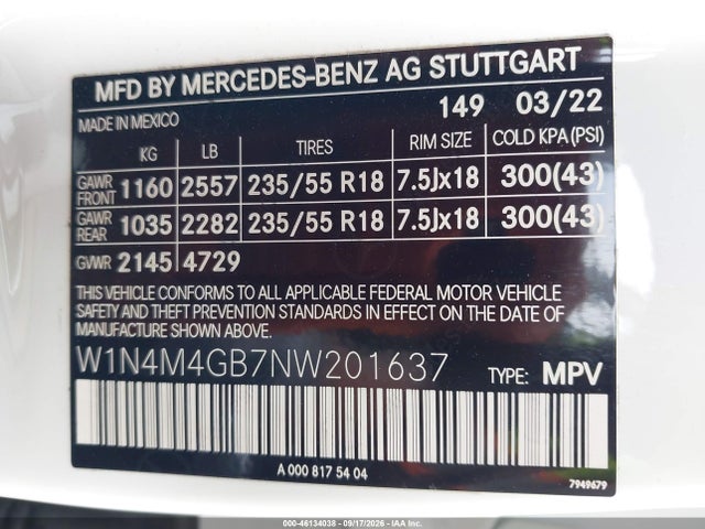 Aukcja sprzedaży 2022 Mercedes-benz Glb 250, vin: W1N4M4GB7NW201637, numer aukcji: 46134038