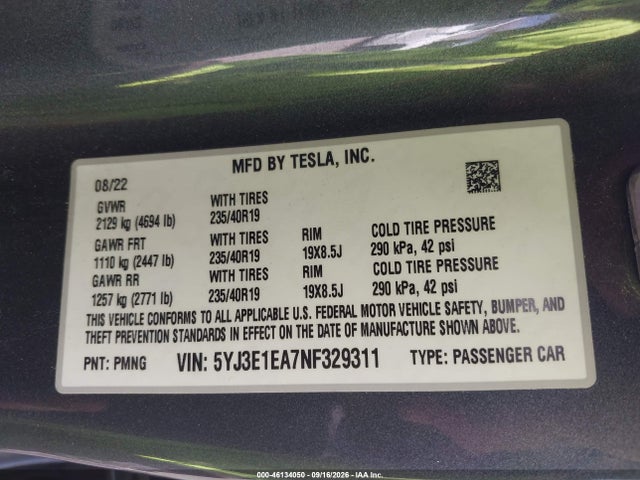 Tesla Model 3 Rear-wheel Drive 2022 5YJ3E1EA7NF329311 Image 9