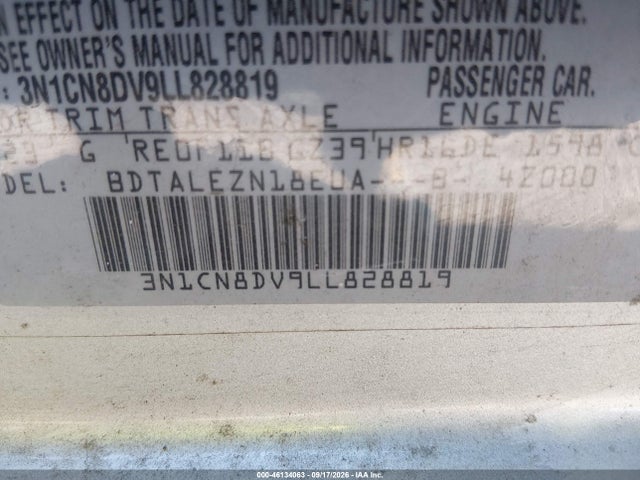 Aukcja sprzedaży 2020 Nissan Versa S Xtronic Cvt, vin: 3N1CN8DV9LL828819, numer aukcji: 46134063