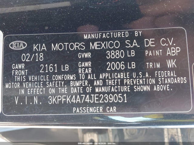 Продаж на аукціоні авто 2018 Kia Forte Lx, vin: 3KPFK4A74JE239051, номер лоту: 46134069