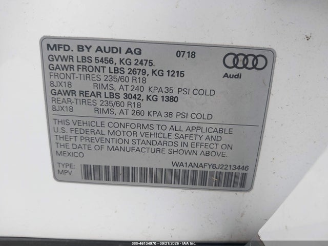 46134070 :رقم المزاد ، WA1ANAFY6J2213446 vin ، 2018 Audi Q5 2.0t Premium/2.0t Tech Premium مزاد بيع